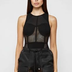 Woman Tops Mesh Racer Neck Bodysuit - Black
