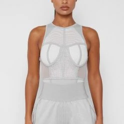 Woman Tops Mesh Racer Neck Bodysuit - Grey BODYSUITS