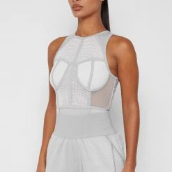 Woman Tops Mesh Racer Neck Bodysuit - Grey BODYSUITS
