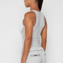 Woman Tops Mesh Racer Neck Bodysuit - Grey BODYSUITS