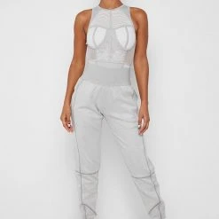 Woman Tops Mesh Racer Neck Bodysuit - Grey BODYSUITS