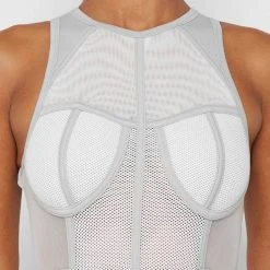 Woman Tops Mesh Racer Neck Bodysuit - Grey BODYSUITS