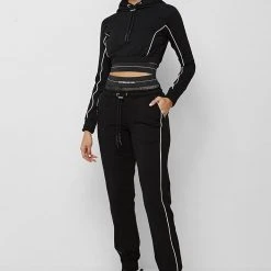 Woman Tracksuits Mesh Waist Banded Joggers - Black