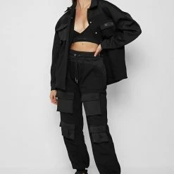 Woman Tracksuits Neoprene Cargo Pocket Joggers - Black
