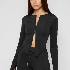 Woman Tops Neoprene Double Zip Top - Black
