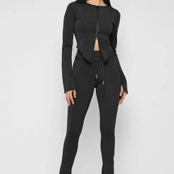 Woman Tops Neoprene Double Zip Top - Black