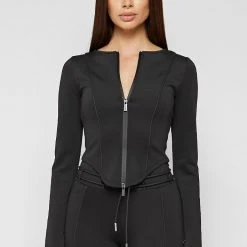 Woman Tops Neoprene Double Zip Top - Black