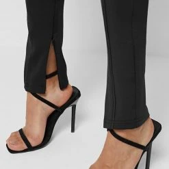 Woman Leggings Neoprene High Waisted Leggings With Tie - Black