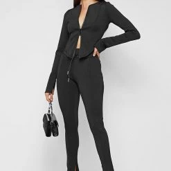 Woman Leggings Neoprene High Waisted Leggings With Tie - Black