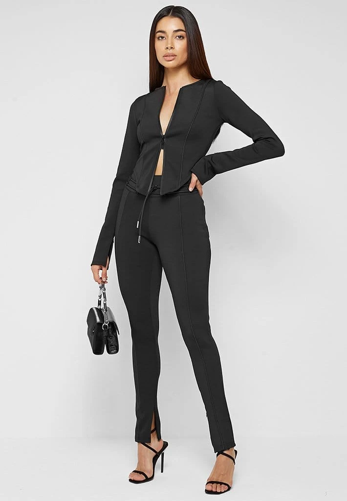 Woman Leggings Neoprene High Waisted Leggings With Tie - Black