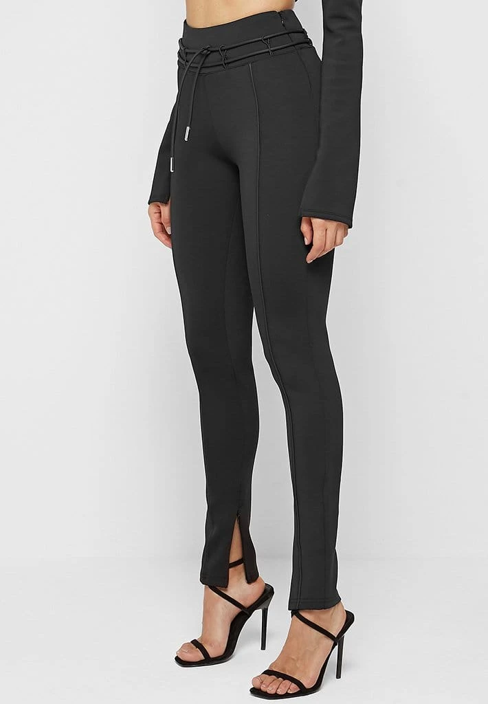 Woman Leggings Neoprene High Waisted Leggings With Tie - Black