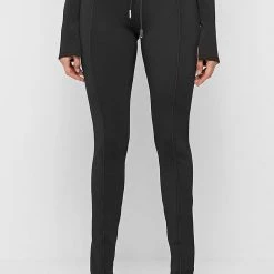 Woman Leggings Neoprene High Waisted Leggings With Tie - Black