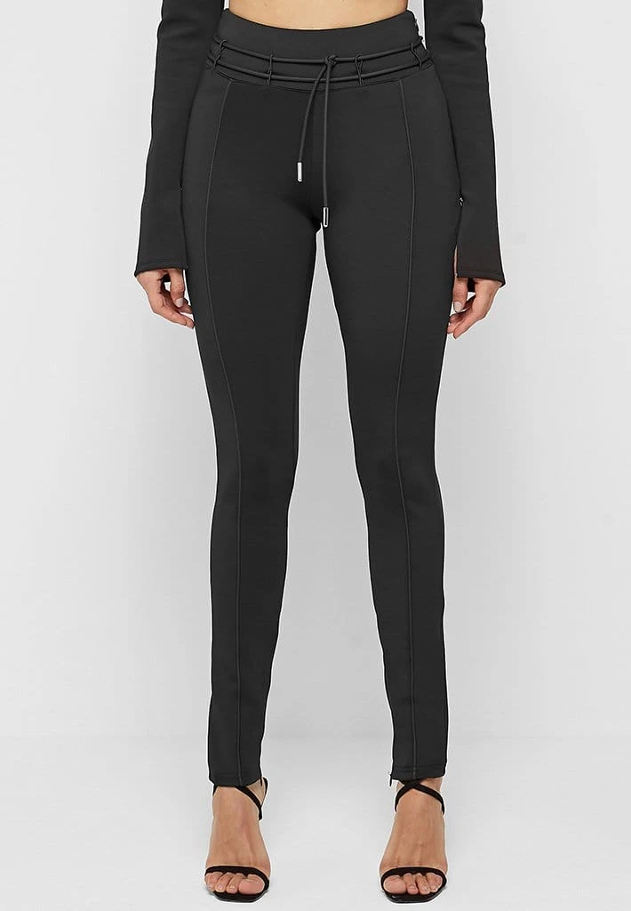 Woman Leggings Neoprene High Waisted Leggings With Tie - Black