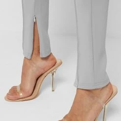 Woman Leggings Neoprene High Waisted Leggings With Tie - Iced Grey