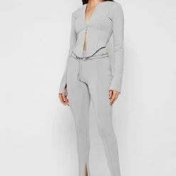 Woman Leggings Neoprene High Waisted Leggings With Tie - Iced Grey