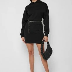 Woman Dresses Neoprene Jumper Dress With Chain - Black