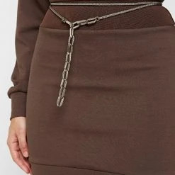 Woman Dresses Neoprene Jumper Dress With Chain - Brown