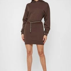 Woman Dresses Neoprene Jumper Dress With Chain - Brown