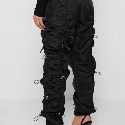 Woman Trousers Nylon Bungee Ruched Cargo Pants - Black CARGO PANTS & JOGGERS