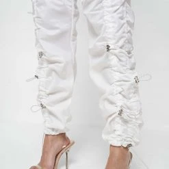Woman Trousers Nylon Bungee Ruched Cargo Pants - Off White