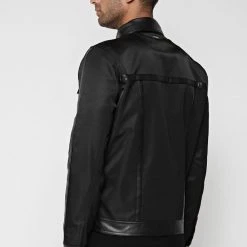 Man Jackets Nylon & Leather Trucker Jacket - Black