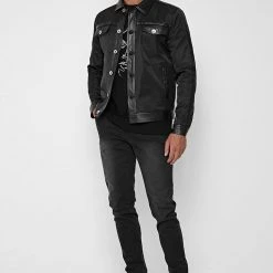 Man Jackets Nylon & Leather Trucker Jacket - Black