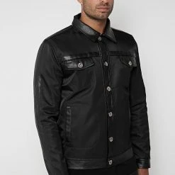 Man Jackets Nylon & Leather Trucker Jacket - Black