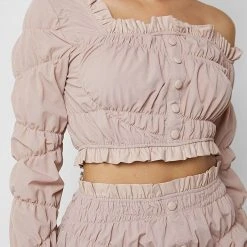 Woman Tops Off Shoulder Ruched Ruffle Top - Dusty Pink