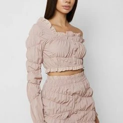 Woman Tops Off Shoulder Ruched Ruffle Top - Dusty Pink