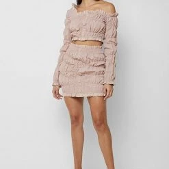 Woman Tops Off Shoulder Ruched Ruffle Top - Dusty Pink