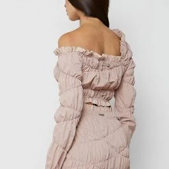 Woman Tops Off Shoulder Ruched Ruffle Top - Dusty Pink