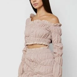 Woman Tops Off Shoulder Ruched Ruffle Top - Dusty Pink