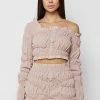 Woman Tops Off Shoulder Ruched Ruffle Top - Dusty Pink