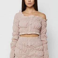 Woman Tops Off Shoulder Ruched Ruffle Top - Dusty Pink