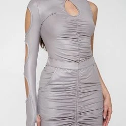 Woman Tops One Sleeve Cut Out Bodysuit - Metallic Grey