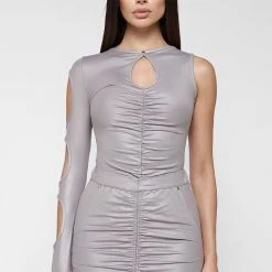 Woman Tops One Sleeve Cut Out Bodysuit - Metallic Grey