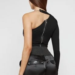 Woman Tops BODYSUITS One Sleeve Halterneck Bodysuit - Black