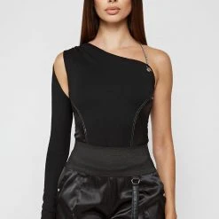 Woman Tops BODYSUITS One Sleeve Halterneck Bodysuit - Black