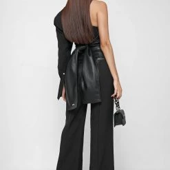 Woman Tops One Sleeve Vegan Leather Wrap Top - Black TOPS & T SHIRTS