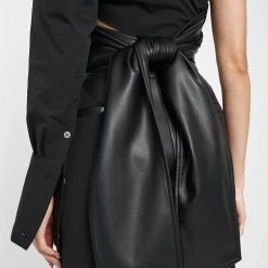 Woman Tops One Sleeve Vegan Leather Wrap Top - Black TOPS & T SHIRTS