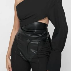 Woman Tops One Sleeve Vegan Leather Wrap Top - Black TOPS & T SHIRTS