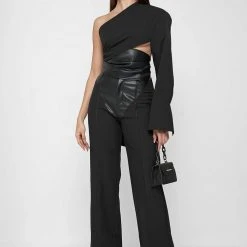 Woman Tops One Sleeve Vegan Leather Wrap Top - Black TOPS & T SHIRTS