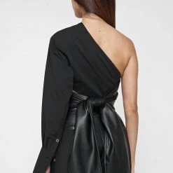 Woman Tops One Sleeve Vegan Leather Wrap Top - Black TOPS & T SHIRTS