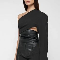 Woman Tops One Sleeve Vegan Leather Wrap Top - Black TOPS & T SHIRTS