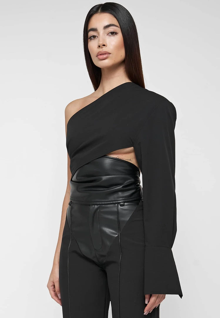 Woman Tops One Sleeve Vegan Leather Wrap Top - Black TOPS & T SHIRTS