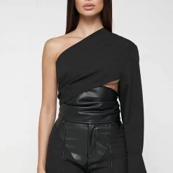 Woman Tops One Sleeve Vegan Leather Wrap Top - Black TOPS & T SHIRTS