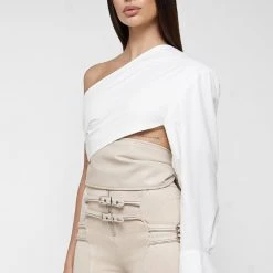 Woman Tops TOPS & T SHIRTS One Sleeve Vegan Leather Wrap Top - White