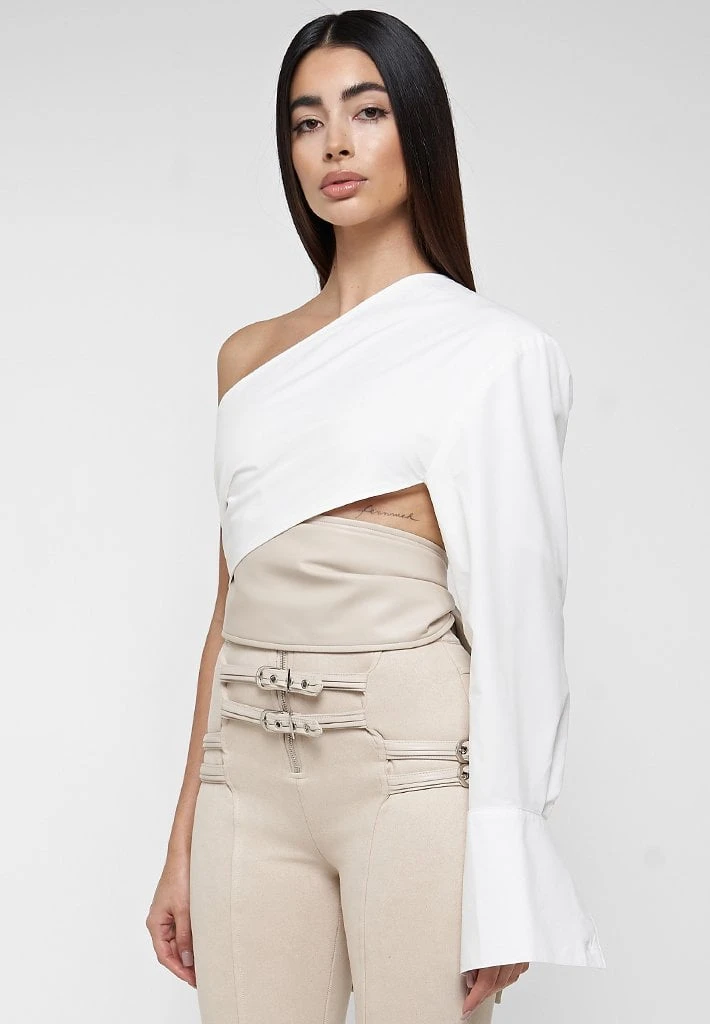 Woman Tops TOPS & T SHIRTS One Sleeve Vegan Leather Wrap Top - White