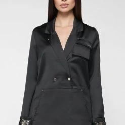 Woman Dresses Oversized Satin Blazer Dress - Black