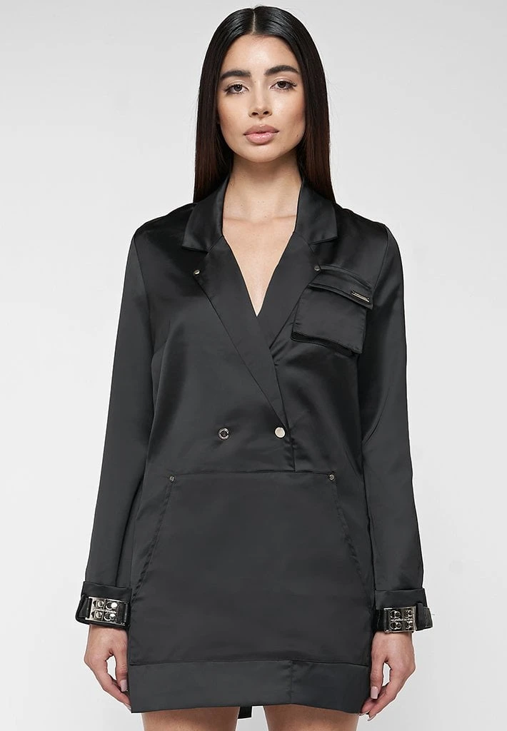 Woman Dresses Oversized Satin Blazer Dress - Black